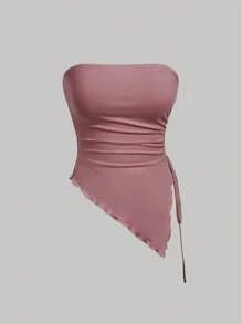 SHEIN MOD Top bustier con pliegues en la cintura atada a los lados, top tubo con estampado retro, top de otoño, top para salir, top de tirantes marrón