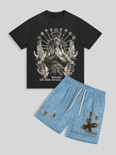 Street Life Set di maglietta e pantaloncini casual estivi da uomo, con stampa vintage religiosa della Vergine Maria, stile gotico, adatto per Ognissanti