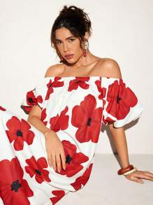 VALERIA GALIPOLI Floral Print Off Shoulder Puff Short Sleeves A Line Maxi Dress Summer Women Vacation Holiday - Multicolor - View 5