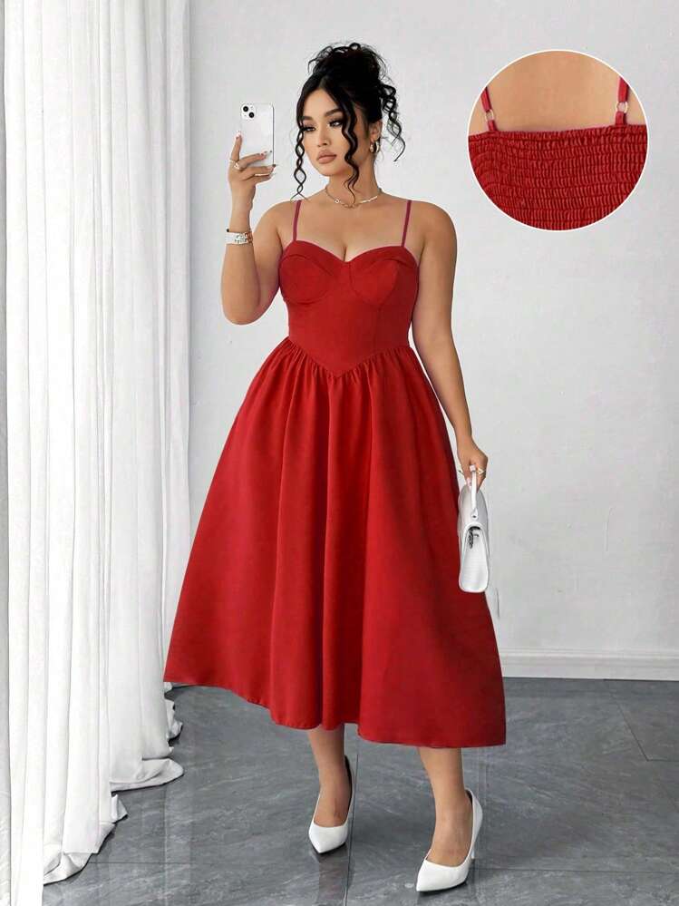 Elenzga Plus Size Women Solid Color Cinched Waist Spaghetti Strap