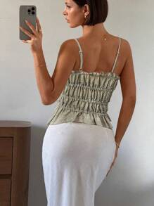 Siren Gaze 女式纯色抽绳褶皱吊带背心，春夏 - 綠色 - 查看 2