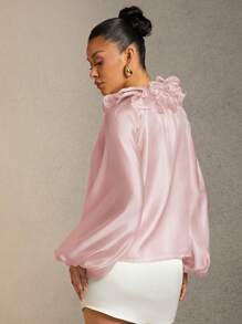 Hauture Elegant Solid Color Ruffle Collar Lantern Sleeve Blouse - Dusty Pink - View 3