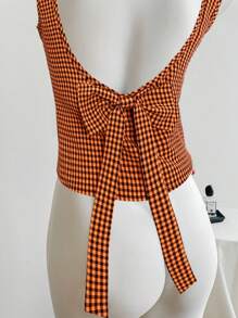 SHEIN Unity French Sexy Backless Bowknot Checkered Camisole Top, Sleeveless Slim Fit Tank Tops For Spring & Summer - Multicolor - View 4
