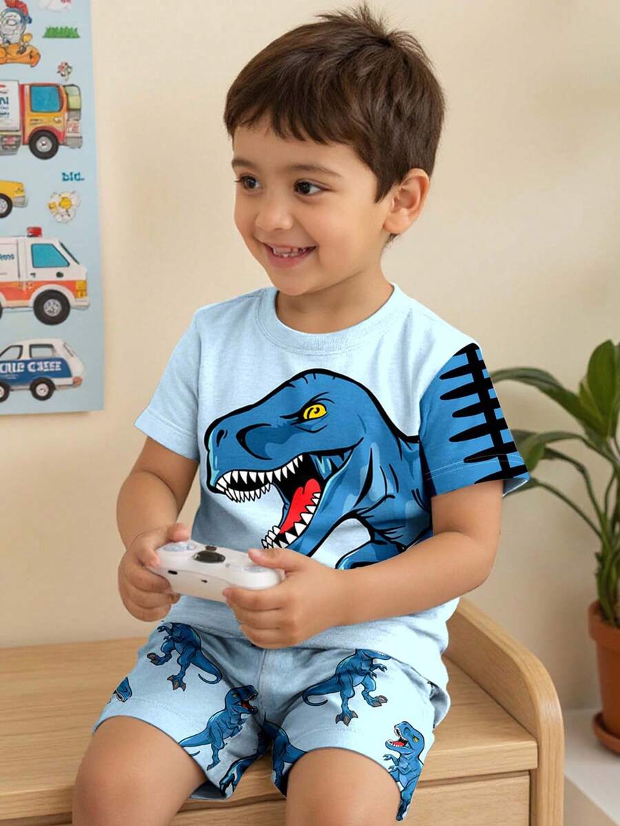 SHEIN 2 件套小男孩恐龙图案家居服，宽松休闲家居服 - 彩色 - 查看 1