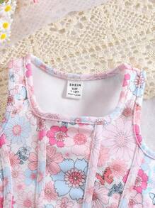 SHEIN Babygirl 可爱花卉印花针织吊带背心，适合夏季度假 - 淡紫色 - 查看 3