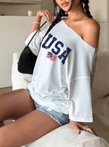 Jouncy Women's Letter And American Flag Print Casual Loose T-Shirt, Summer