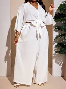 SHEIN CURVE+ 大码 2025 百搭白色百搭休闲装，性感/简约短款系腰上衣和直筒裤套装女士沙滩装/沙滩裙/沙滩度假装/沙滩必备品/毕业/茶会礼服，2 件夏季服装夏季/乡村/海滩度假装/沙滩装/沙滩装 - 白色 - 查看 6