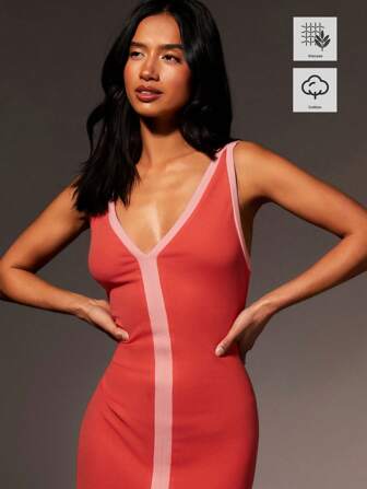 Athîral Kvinnors ärmlös V-hals monterad Casual lång klänning med färgblock