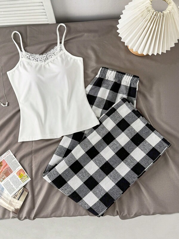 SHEIN 2pcs/Set Teen Girls Casual Lace Trim Adjustable Cami Top & Plaid Print Lounge Pants Pajama Set, Summer