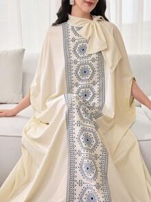 SHEIN Najma Vestido suelto y elegante de mujer con decoración de patrón de patchwork y lazo en el cuello - Albaricoque - Ver 1