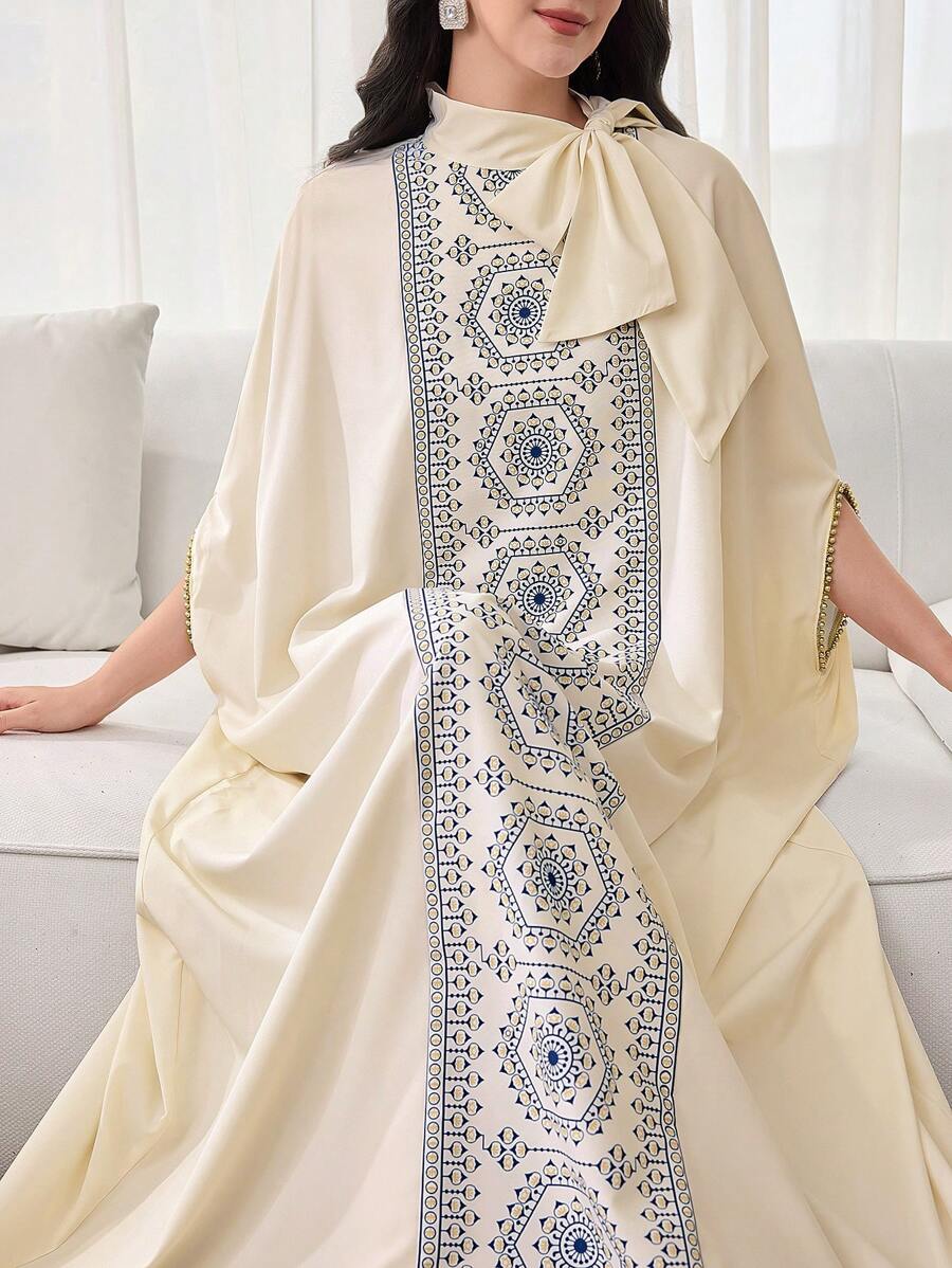 SHEIN Najma Vestido suelto y elegante de mujer con decoración de patrón de patchwork y lazo en el cuello - Albaricoque - Ver 1
