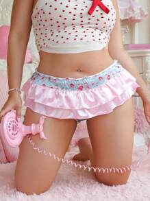 PetitDoll Plus Size Women's Cute And Sweet Satin Contrast Color Ruffle Trim Bow Bikini Panties