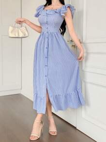 DAZY Cap Sleeve, Frill Trim, Ditsy Floral Slip Dress With Scoop Neck, Commuting Style Long Dress - Blue - View 4