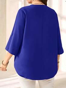 EMERY ROSE Women Plus Size Purple 3/4 Sleeve Shirt, Early Spring Fall - Royal Blue - View 3