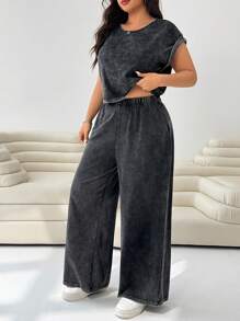 Solflare Plus Size Women 2 Pieces Casual Washed Top And Pants Set, For Summer 2 Piece Lounge Sets Women,Fall,Back To School,Business Casual,Office Outfits,Work,Teacher
