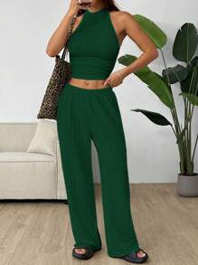 SHEIN EZwear 橄榄绿针织女式休闲修身套装 - 墨綠色 - 查看 4