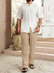 Manfinity RSRT Bộ quần áo sơ mi trơn màu thường ngày dành cho nam, thời trang tối giản cho trang phục thường ngày, trang phục hai mảnh dành cho nam, màu trắng, bộ đồ vải lanh làm quà tặng cho bạn trai, bộ 2 món, trang phục ấm áp - Nhiều màu - Xem 4