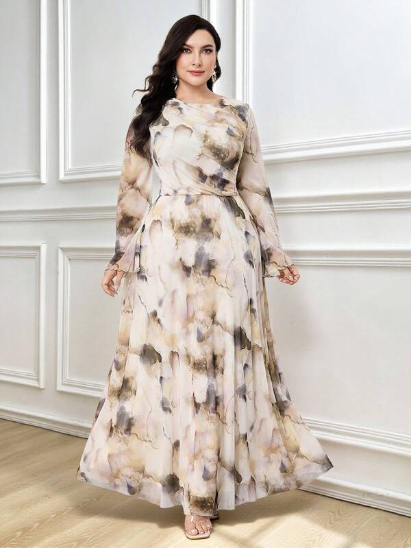 Modelyn Plus Size Women Tie-Dye Print Crew Neck Long Sleeve Elegant Maxi Dress