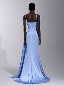 Elitara 优雅淡蓝色简约奢华亮片链条肩带串珠拼接缎面前褶皱不对称斜腰垂坠不对称鱼尾下摆礼服，适合约会、返校活动、婚礼、晚会、生日礼服 - 淺藍色 - 查看 3