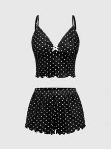 ROMWE Bộ đồ ngủ phối hợp áo dây mảnh bó sát chấm bi đen trắng phong cách Gothic và quần short - màu đen - Xem 1