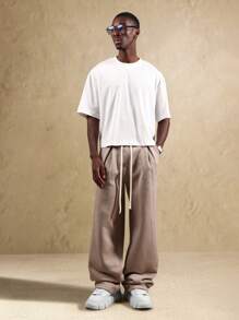 SUMWON Wide Leg Jogger Sweatpants With Front Pleats Drawstring Waist Chunky Platform Sneaker Streetwear Athleisure Comfort Urban Fashion - Khaki - View 3