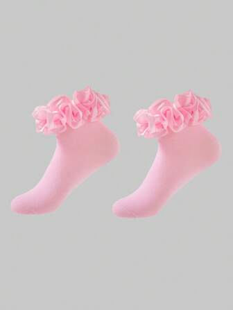 Goth Women's Fashionable And Sweet Ruffle Trim Pink Mid-Calf Socks
