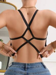 SHEIN Casual-Casual Fashion Solid Ribbed Mesh Patchwork Backless Wireless Unlined Bra For Women - Black - View 2