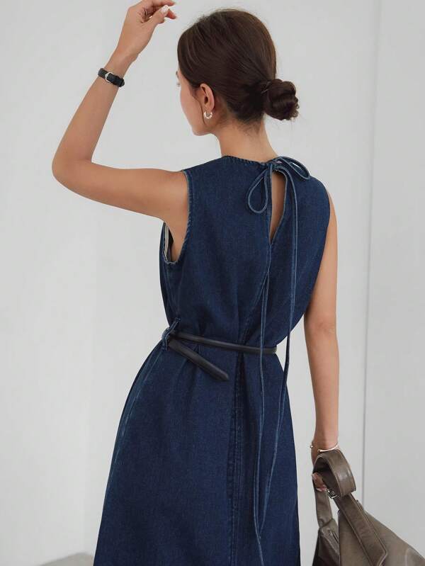 Dazy-Less Rochie midi elegantă, dreaptă, din denim, culoare vintage spălată, pentru naveta, cu despicătură înaltă, fără șireturi, cu fundă și decupaj la spate