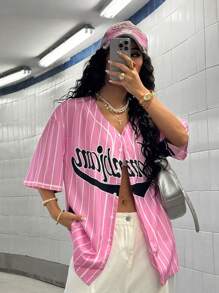 StreetHx Women Street Sporty Print Short Sleeve Shirt, Summer