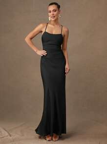 Silquee Solid Color Open Back Tie-Knot Summer Elegant Cami Dress - Black - View 5