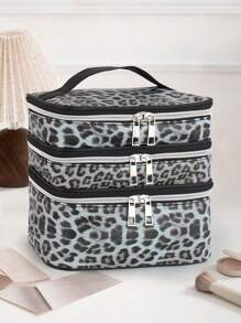 N_Standard Bolso de maquillaje grande de 3 capas con estampado de leopardo, estilo Y2K, multiusos, para verano