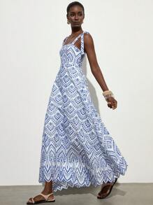 Aveloria Modichic Đầm dài hở vai thêu ren trang trí ngày nghỉ bó sát eo xòe - Xanh đậm - Xem 5