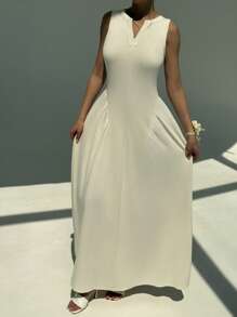 Aloruh Nuevo vestido elegante y a la moda de ajuste ceñido, en color liso, con cuello dividido de punto, sin mangas, con fruncidos