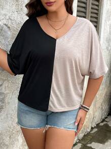 Flirla Camiseta informal de manga de murciélago con bloques de color, talla grande, verano - Blanco y Negro - Ver 1
