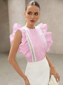 GENKIRA Nueva blusa de manga corta con diseño de volantes con encaje blanco, de estilo francés en color azul y blanco a rayas, con efecto de patchwork - Rosa - Ver 4