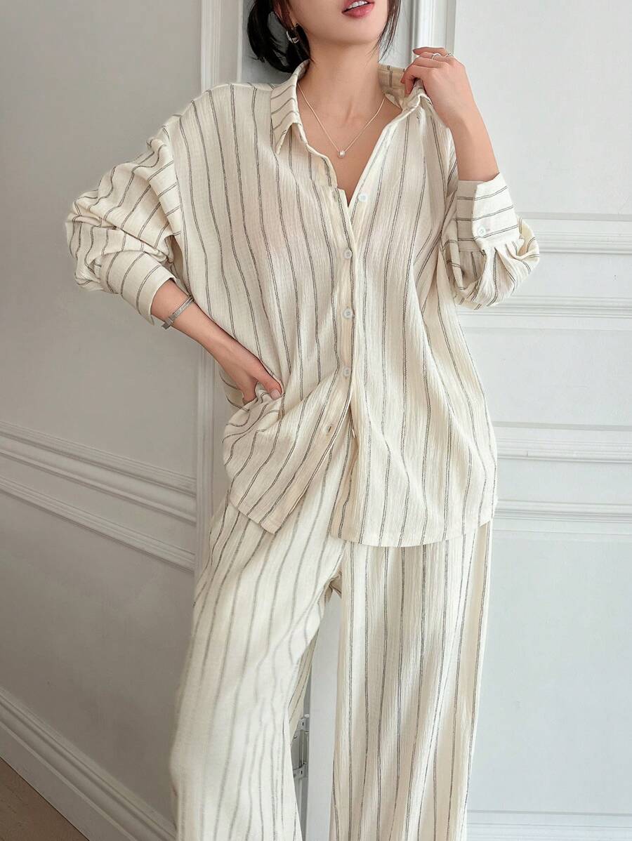DAZY Women Striped Print Shirt And Wide-Leg Pants 2 Pieces Set, Casual Summer Outfit Lounge Sets For Women - Beige - View 1