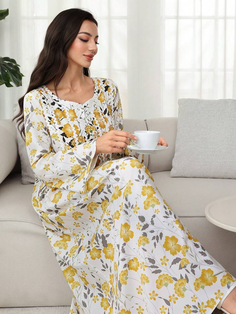 Al Najma 女式甜心领喇叭袖花卉印花阿拉伯风格长裙，端庄 - 彩色 - 查看 1