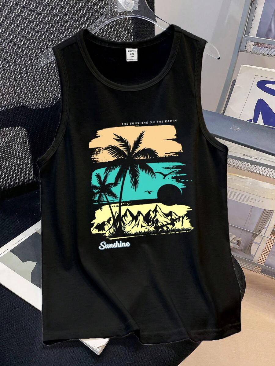 SHEIN Áo ba lỗ không tay màu đen họa tiết cây cọ tối giản cho bé trai tuổi teen, thích hợp cho mùa hè, bãi biển, kỳ nghỉ, du lịch, dã ngoại - màu đen - Xem 1