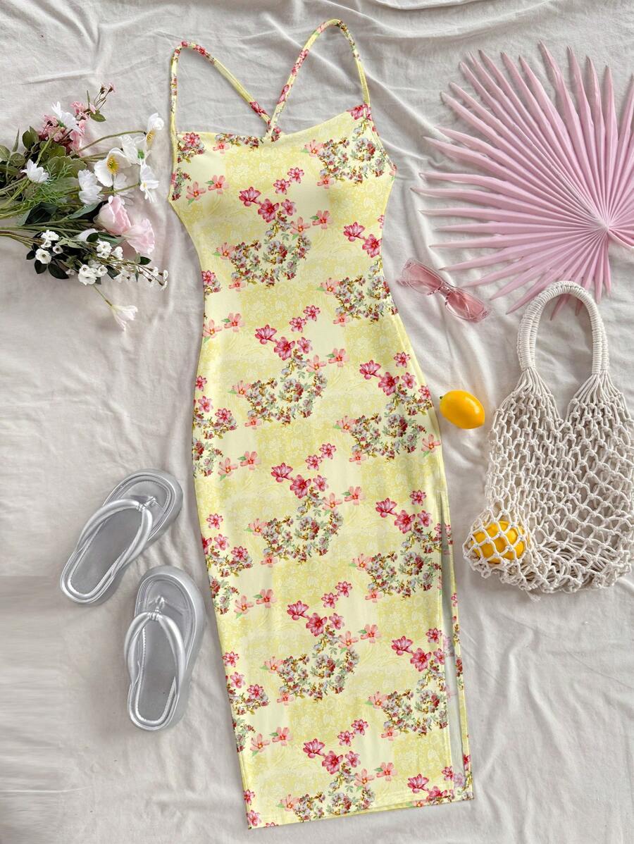 SHEIN VCAY 女士休闲简约花卉印花连衣裙,适合夏季 - Butter Yellow - 查看 1