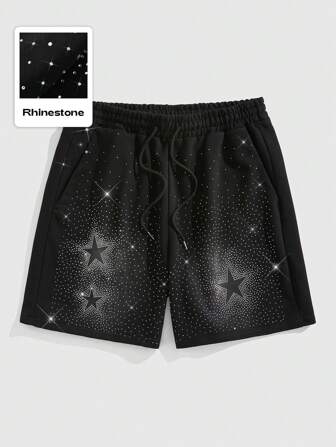 Street Life Men's Rhinestone Star Decor Shorts, Suitable For Everyday Wear, Spring/Summer