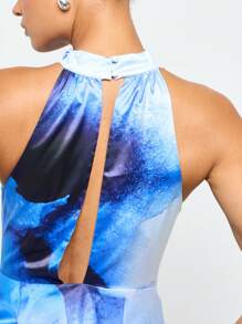AiiRZ Summer Wedding Guest Sleeveless High Neck Maxi Dress Watercolor Print Floor Length Formal Gown Satin Evening Party Long Dress - Blue - View 4