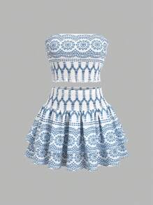 Sweetra Conjunto de 2 piezas con top halter con estampado floral y minifalda de talle alto