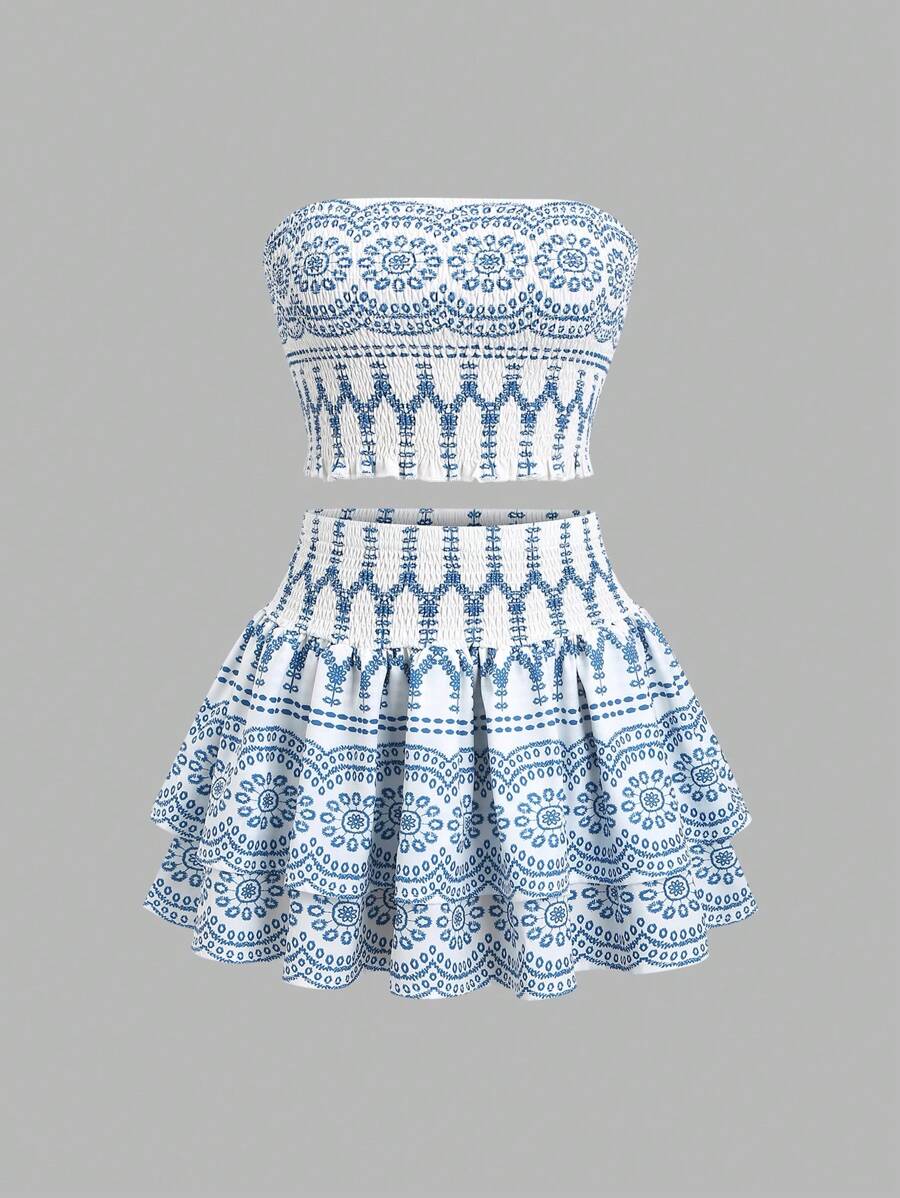Sweetra Conjunto de 2 piezas con top halter con estampado floral y minifalda de talle alto