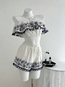 Elamini 白色棉质刺绣流苏露肩上衣和低腰刺绣短裤两件套，春夏 - 白色 - 查看 1