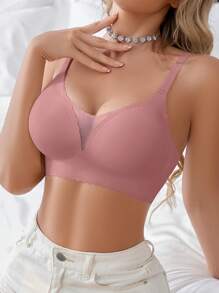 1pc Seamless Mesh Splice Solid Wave Hem Adjustable Wireless Removable Padded Bra For Women - Baby Pink - View 5