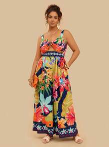 Travachic 大码女式休闲热带彩色花卉印花前扭腰宽松阔腿连体裤带口袋 - 彩色 - 查看 1