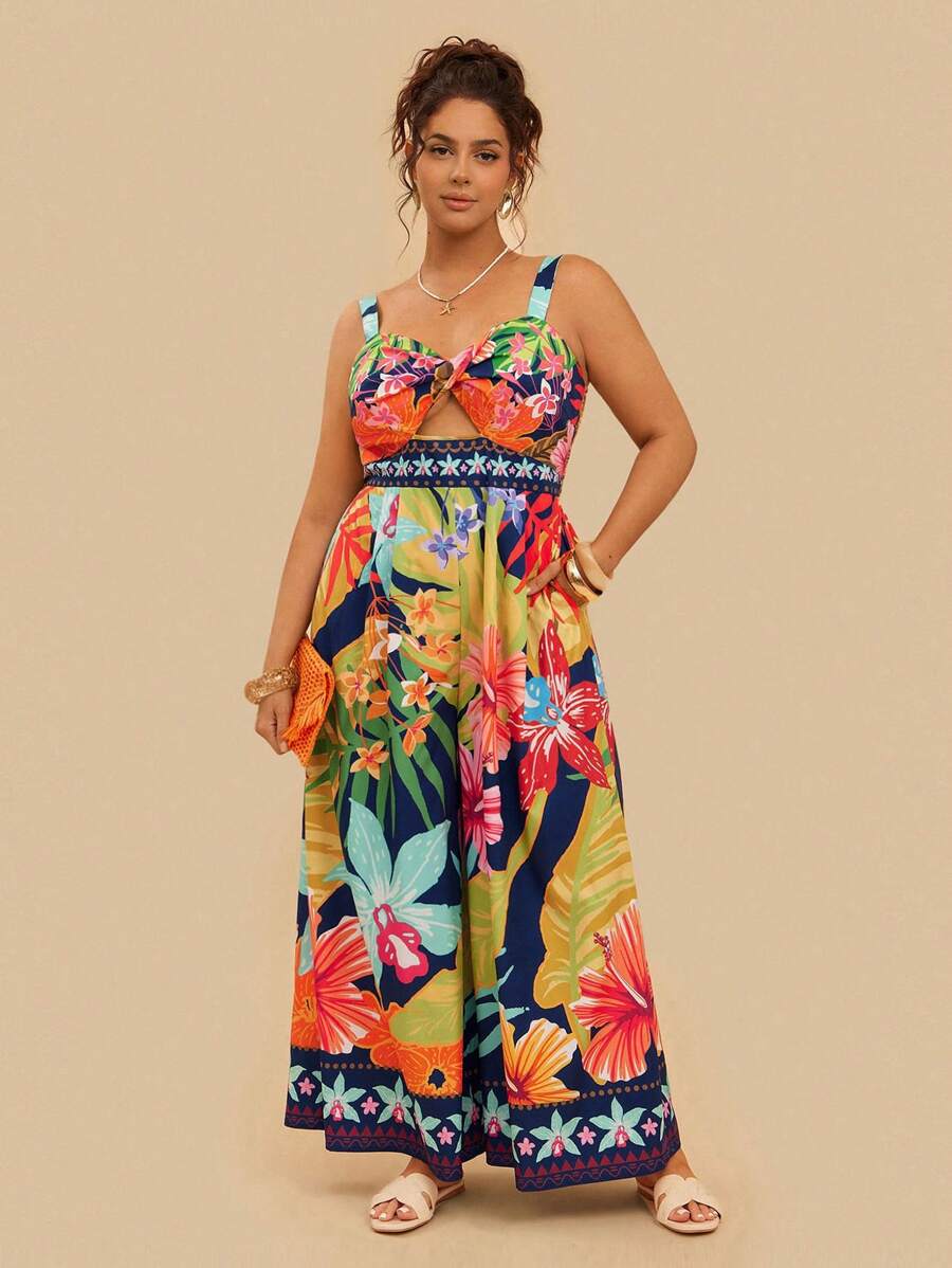 Travachic 大码女式休闲热带彩色花卉印花前扭腰宽松阔腿连体裤带口袋 - 彩色 - 查看 1