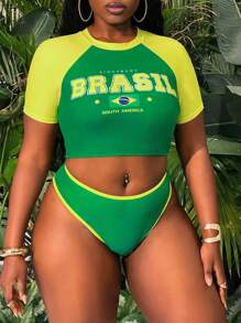 Slaydiva Plus Size Women Sporty Brazilian Flag Element Half Sleeve Splicing Printed Two Pieces Swimwear, Summer Sports Beach Swimwear - Multicolor - View 5