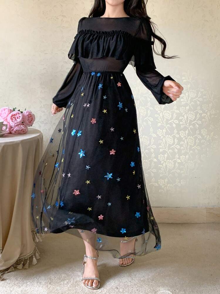 Women's Star Decor Mesh Spliced Tiered Hem Colorblock Dress Maxi Dress