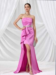Coutiva Vestido de noche con escote descubierto para mujer (con aplicaciones), vestido de fiesta para invitada de boda - Rosa coral - Ver 6